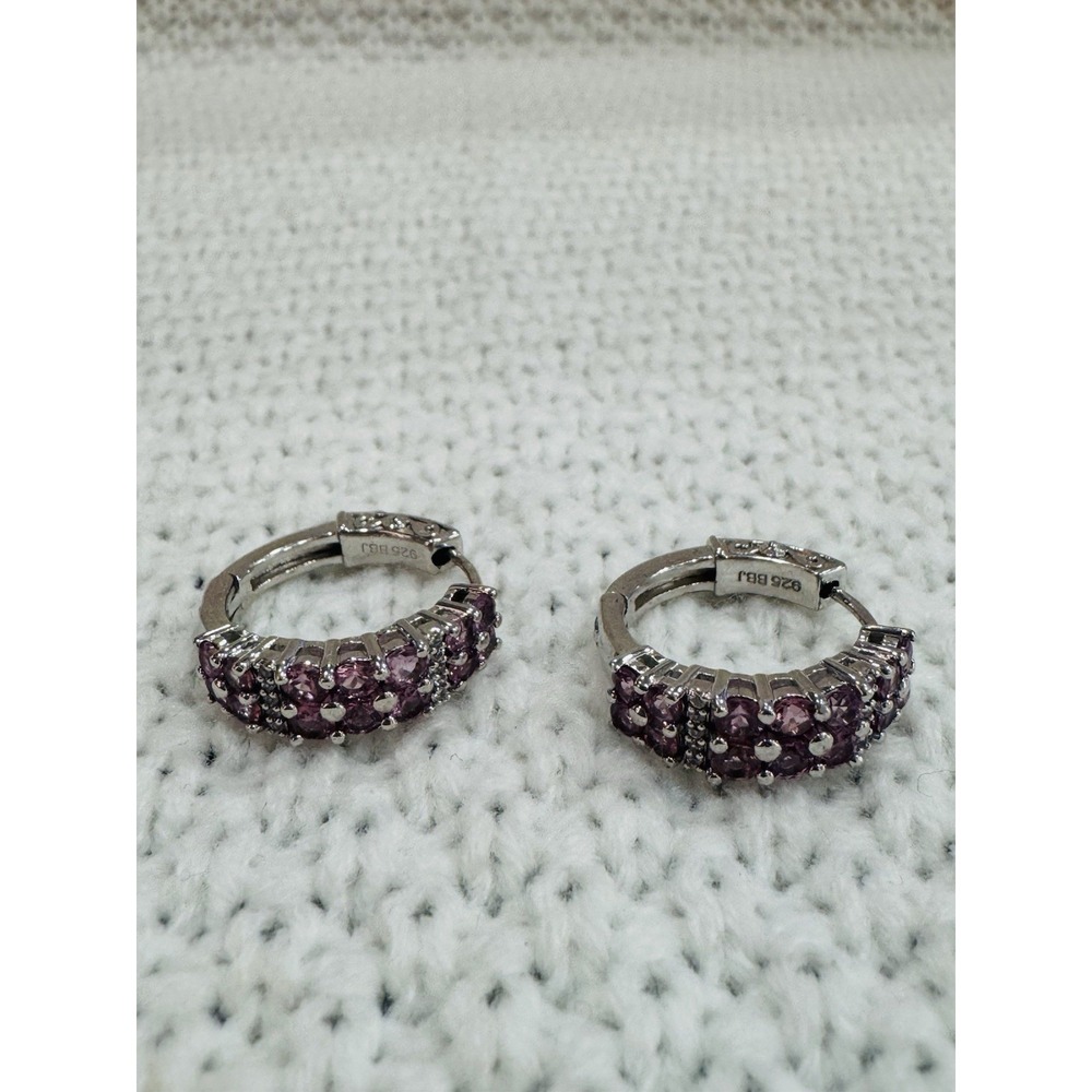 BBJ 925 Sterling Silver Pink Purple Stone Hinged Hoop Earrings